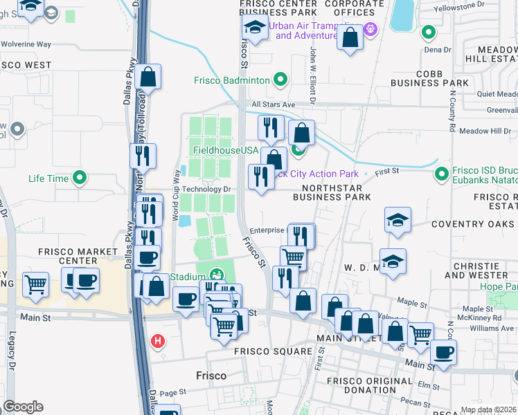 map of restaurants, bars, coffee shops, grocery stores, and more near in Frisco