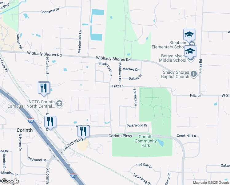 map of restaurants, bars, coffee shops, grocery stores, and more near 1020 Meadows Drive in Corinth