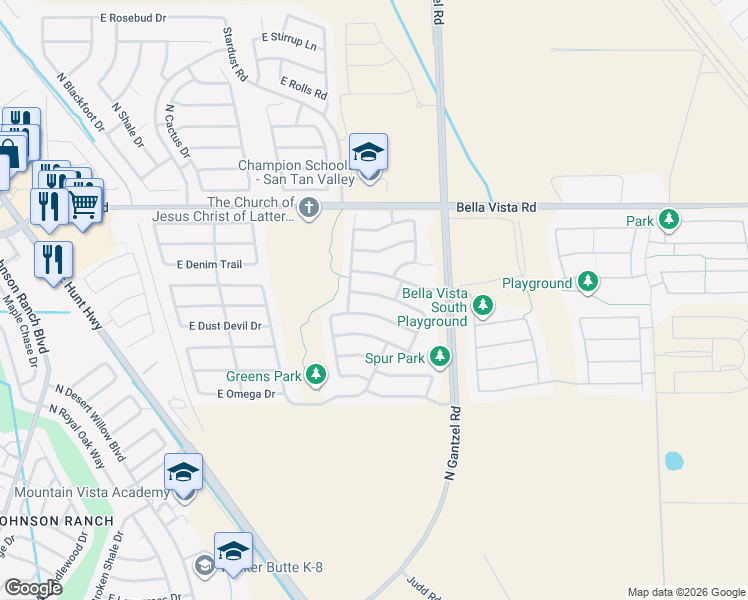 map of restaurants, bars, coffee shops, grocery stores, and more near 1835 East Denim Trail in San Tan Valley