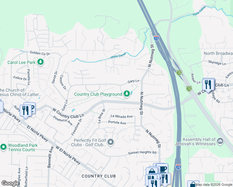 map of restaurants, bars, coffee shops, grocery stores, and more near 1230 Wren Glen in Escondido