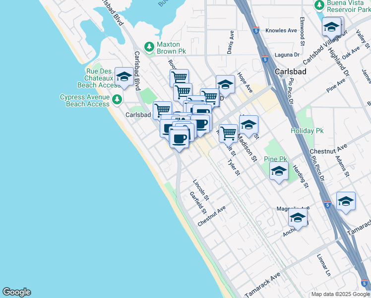map of restaurants, bars, coffee shops, grocery stores, and more near 417 Carlsbad Village Drive in Carlsbad