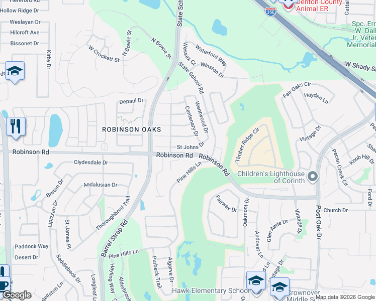 map of restaurants, bars, coffee shops, grocery stores, and more near 3617 Saint Johns Drive in Denton