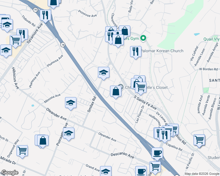 map of restaurants, bars, coffee shops, grocery stores, and more near 256 Smilax Road in San Marcos