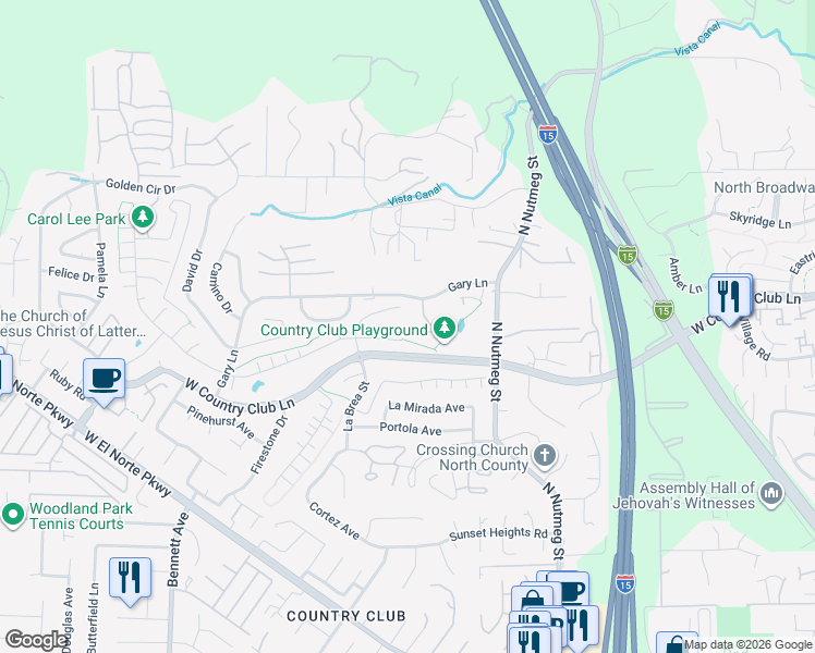 map of restaurants, bars, coffee shops, grocery stores, and more near 2115 Lark Glen in Escondido