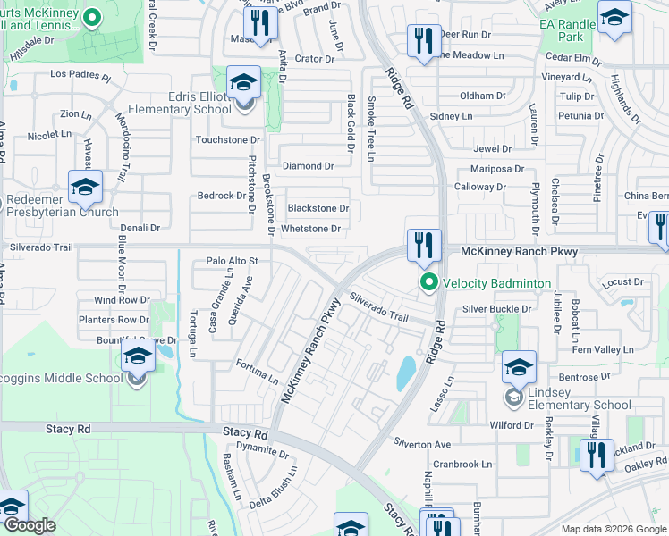 map of restaurants, bars, coffee shops, grocery stores, and more near 4150 Friendship Avenue in McKinney