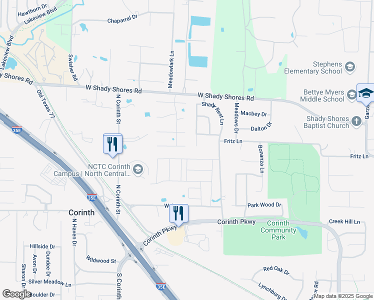 map of restaurants, bars, coffee shops, grocery stores, and more near 3404 Danbury Circle in Corinth