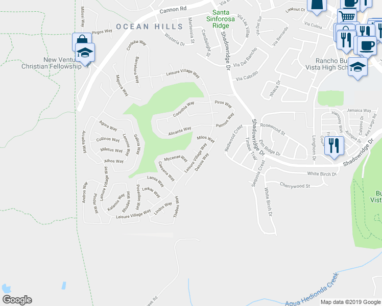 map of restaurants, bars, coffee shops, grocery stores, and more near 5085 Siros Way in Oceanside