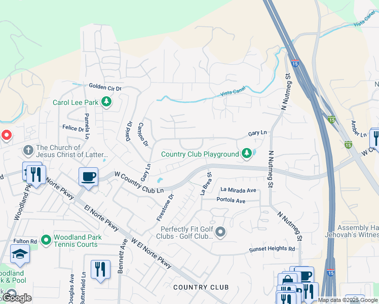 map of restaurants, bars, coffee shops, grocery stores, and more near 1443 Calle Redonda Lane in Escondido