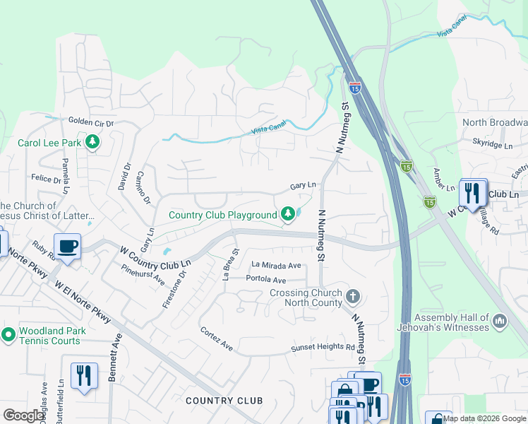 map of restaurants, bars, coffee shops, grocery stores, and more near 2115 Lark Glen in Escondido