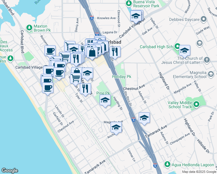 map of restaurants, bars, coffee shops, grocery stores, and more near 3300 Harding Street in Carlsbad