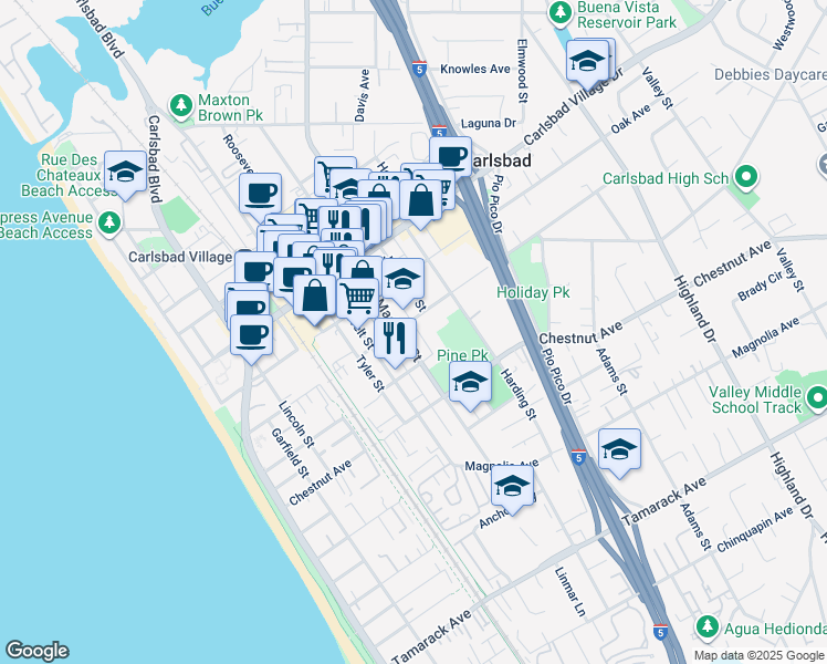 map of restaurants, bars, coffee shops, grocery stores, and more near 3169 Madison Street in Carlsbad