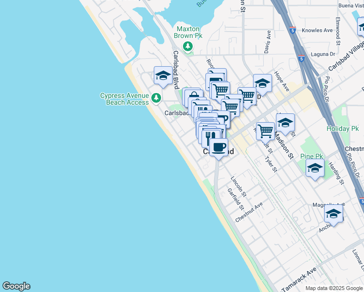 map of restaurants, bars, coffee shops, grocery stores, and more near 2795 Ocean Street in Carlsbad