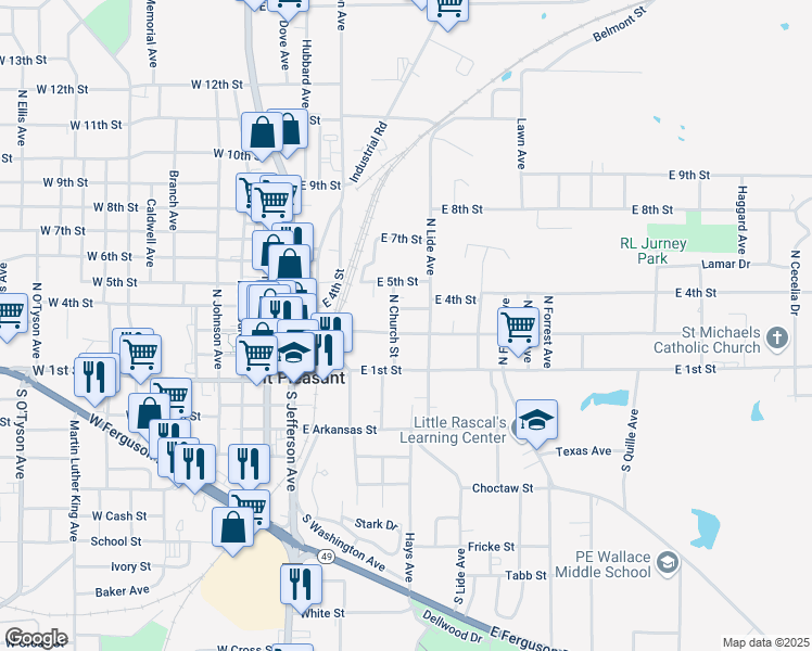 map of restaurants, bars, coffee shops, grocery stores, and more near 410 East 4th Street in Mount Pleasant