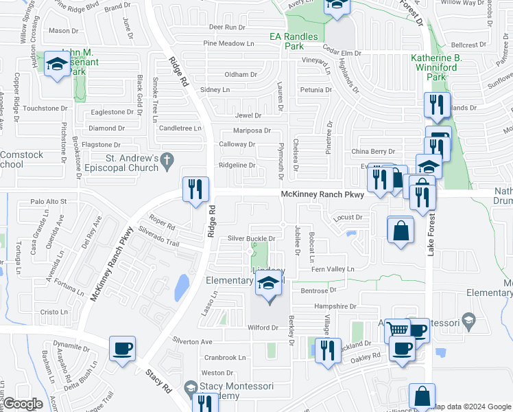 map of restaurants, bars, coffee shops, grocery stores, and more near 5720 Morning Wind Drive in McKinney