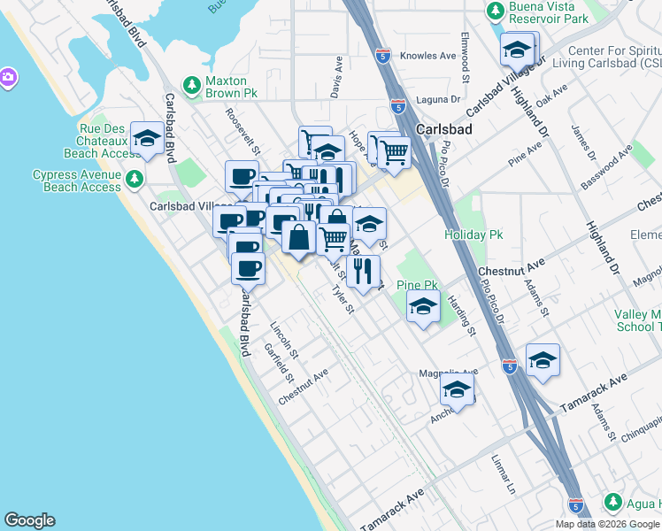 map of restaurants, bars, coffee shops, grocery stores, and more near 3110 Roosevelt Street in Carlsbad