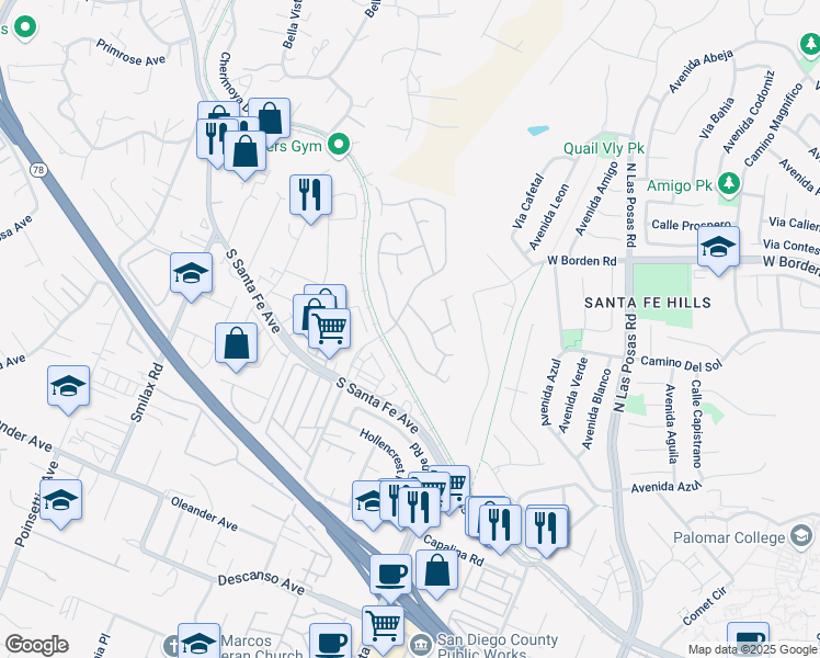 map of restaurants, bars, coffee shops, grocery stores, and more near 837 Via La Venta in San Marcos