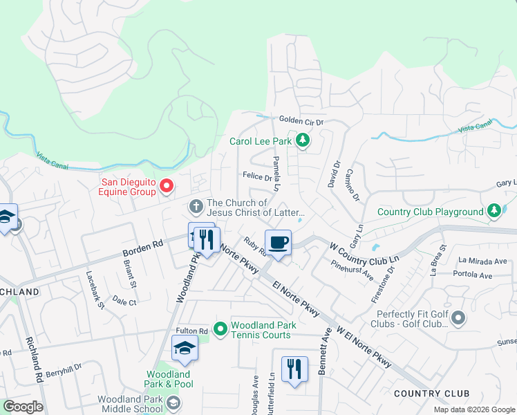 map of restaurants, bars, coffee shops, grocery stores, and more near 1920 Clover Way in Escondido