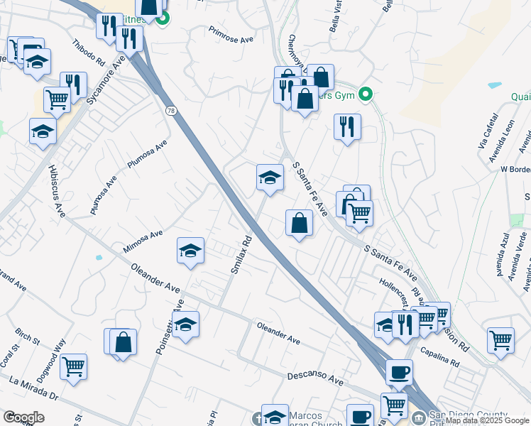 map of restaurants, bars, coffee shops, grocery stores, and more near 320 Smilax Road in San Marcos