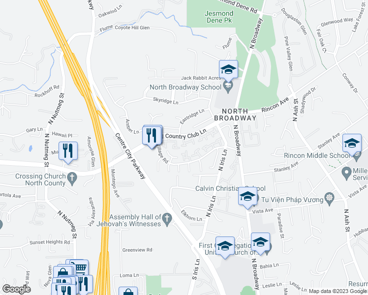 map of restaurants, bars, coffee shops, grocery stores, and more near 315 Ranchwood Glen in Escondido