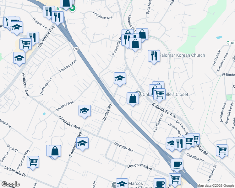 map of restaurants, bars, coffee shops, grocery stores, and more near 320 Smilax Road in San Marcos
