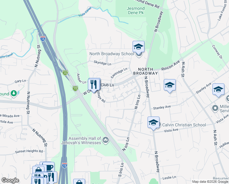 map of restaurants, bars, coffee shops, grocery stores, and more near 308 Ranchwood Glen in Escondido