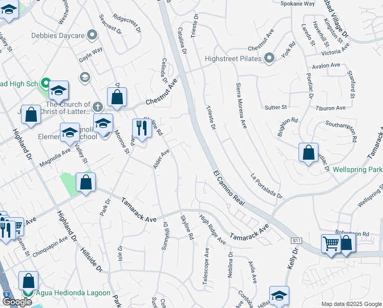 map of restaurants, bars, coffee shops, grocery stores, and more near 3920 Holly Brae Lane in Carlsbad