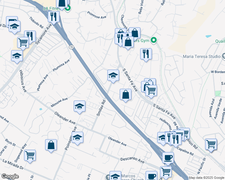 map of restaurants, bars, coffee shops, grocery stores, and more near 304 Smilax Road in San Marcos