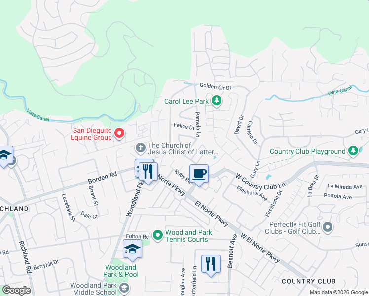 map of restaurants, bars, coffee shops, grocery stores, and more near 1920 Clover Way in Escondido