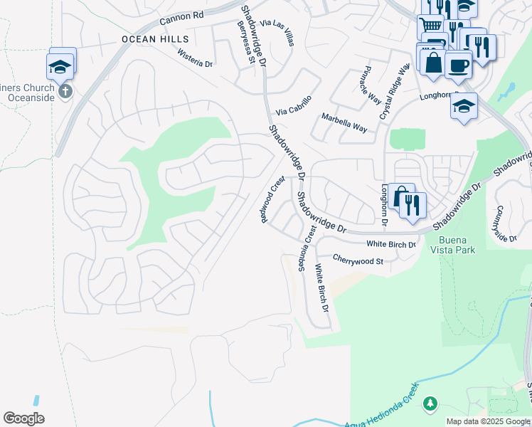 map of restaurants, bars, coffee shops, grocery stores, and more near 2091 Redwood Crest in Vista