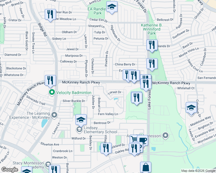 map of restaurants, bars, coffee shops, grocery stores, and more near 5401 McKinney Ranch Parkway in McKinney