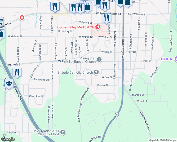 map of restaurants, bars, coffee shops, grocery stores, and more near 603 Alexander Circle in Sylacauga