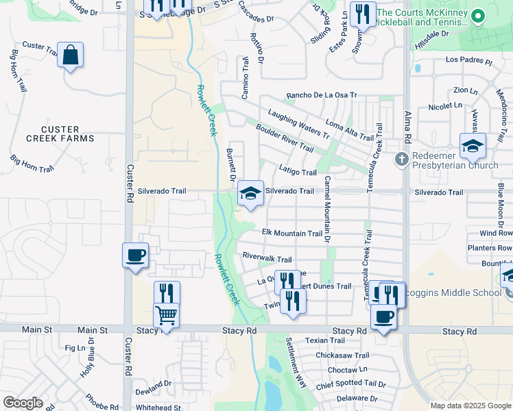 map of restaurants, bars, coffee shops, grocery stores, and more near 4200 Big Fork Trail in McKinney