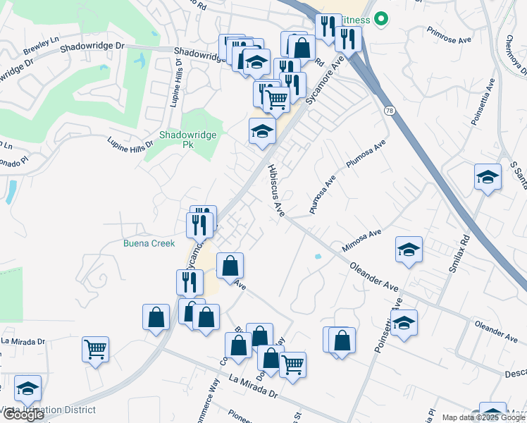 map of restaurants, bars, coffee shops, grocery stores, and more near 2479 Hibiscus Avenue in Vista