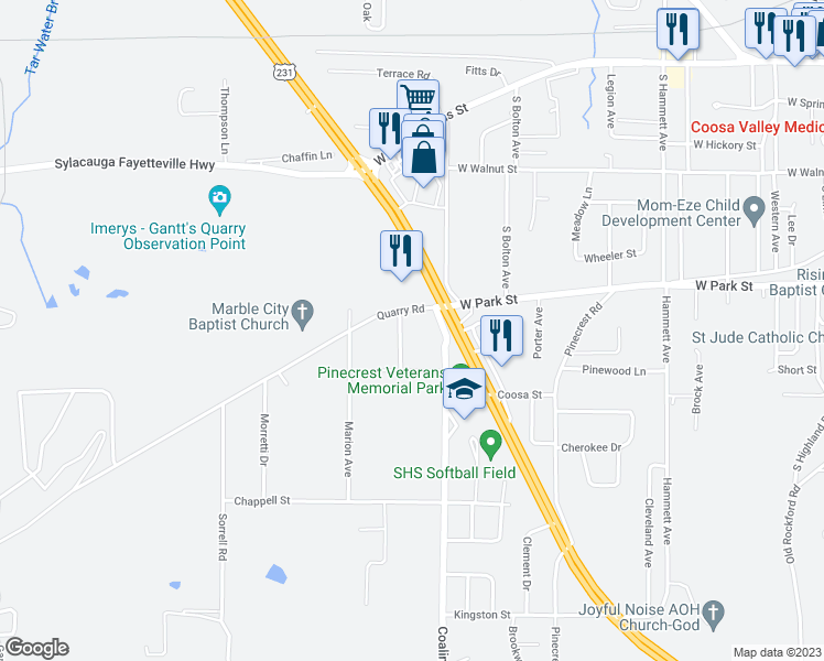 map of restaurants, bars, coffee shops, grocery stores, and more near 29 Jackson Avenue in Sylacauga