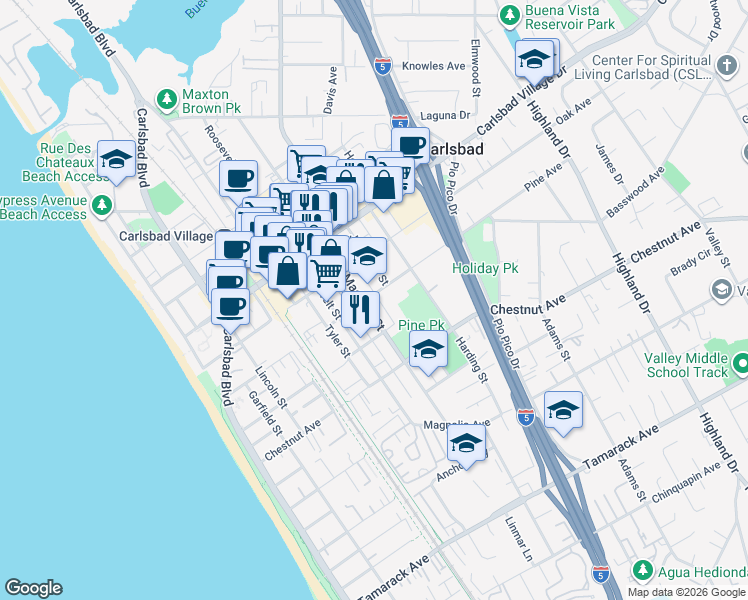map of restaurants, bars, coffee shops, grocery stores, and more near 3169 Madison Street in Carlsbad