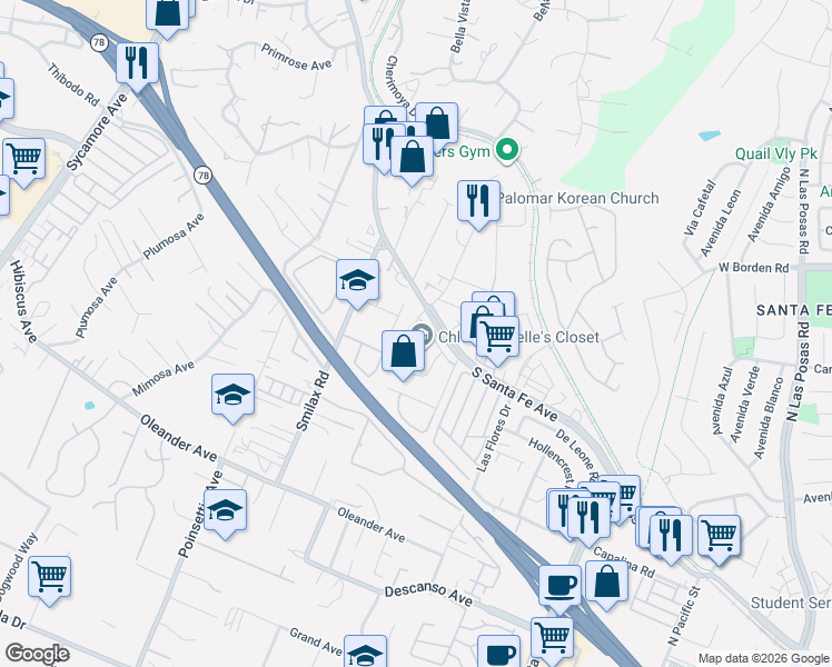 map of restaurants, bars, coffee shops, grocery stores, and more near 2907 South Santa Fe Avenue in San Marcos