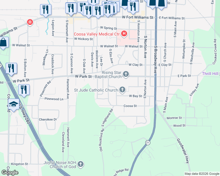 map of restaurants, bars, coffee shops, grocery stores, and more near 603 Alexander Circle in Sylacauga