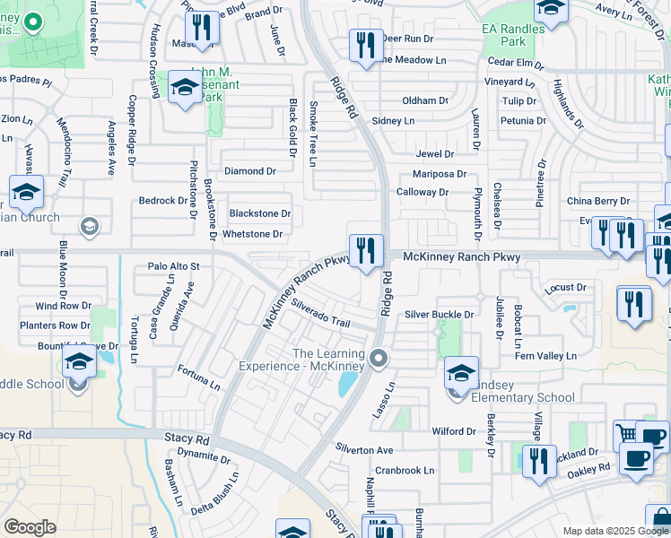map of restaurants, bars, coffee shops, grocery stores, and more near 6421 McKinney Ranch Parkway in McKinney