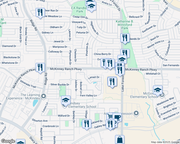 map of restaurants, bars, coffee shops, grocery stores, and more near 5401 McKinney Ranch Parkway in McKinney