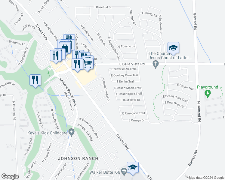 map of restaurants, bars, coffee shops, grocery stores, and more near 30774 North Whirlaway Trail in Queen Creek