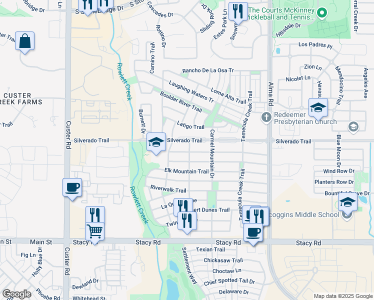 map of restaurants, bars, coffee shops, grocery stores, and more near 8401 Silverado Trail in McKinney