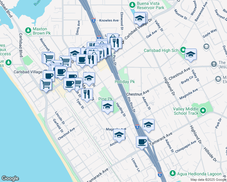 map of restaurants, bars, coffee shops, grocery stores, and more near 3350 Harding Street in Carlsbad