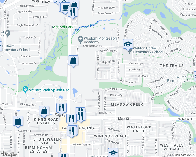 map of restaurants, bars, coffee shops, grocery stores, and more near Gladewater Trail & Planters Row in Frisco