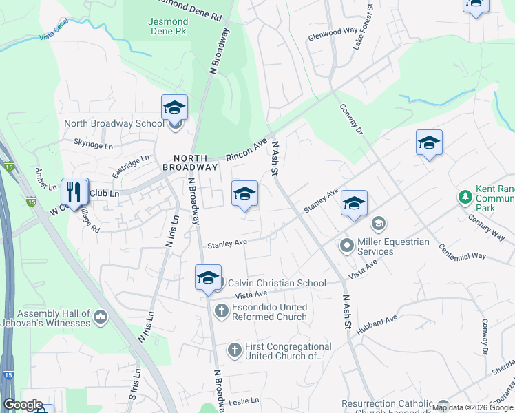 map of restaurants, bars, coffee shops, grocery stores, and more near 2146 Pleasantwood Lane in Escondido