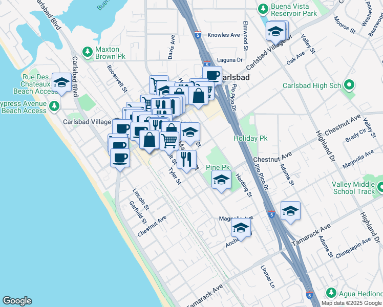 map of restaurants, bars, coffee shops, grocery stores, and more near 3169 Madison Street in Carlsbad