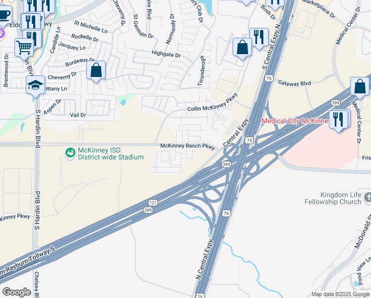 map of restaurants, bars, coffee shops, grocery stores, and more near 2450 McKinney Ranch Parkway in McKinney