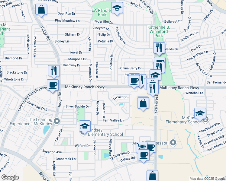 map of restaurants, bars, coffee shops, grocery stores, and more near 5500 Soapberry Drive in McKinney