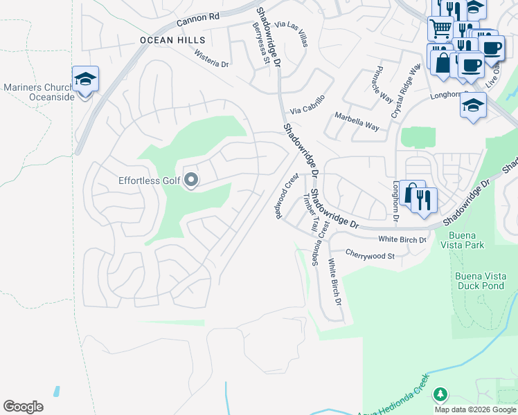 map of restaurants, bars, coffee shops, grocery stores, and more near 6055 Dassia Way in Oceanside