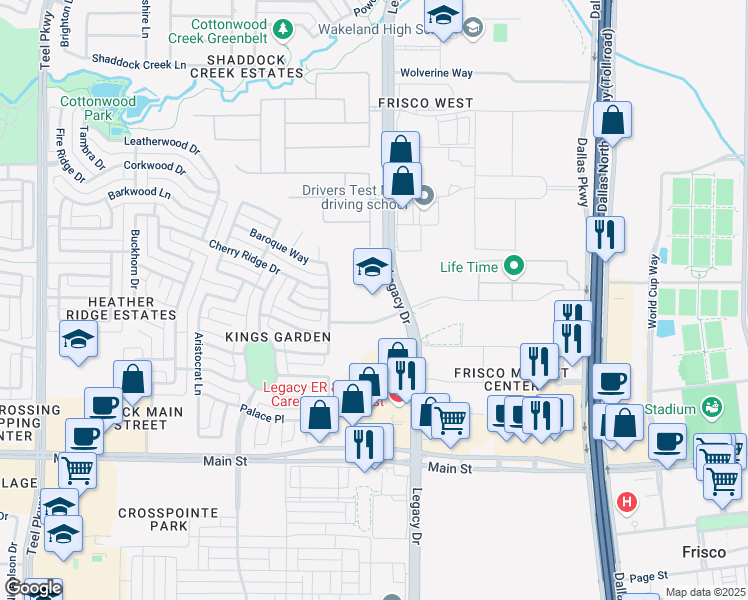 map of restaurants, bars, coffee shops, grocery stores, and more near 4380 Throne Hall Drive in Frisco