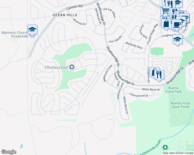 map of restaurants, bars, coffee shops, grocery stores, and more near 6055 Dassia Way in Oceanside